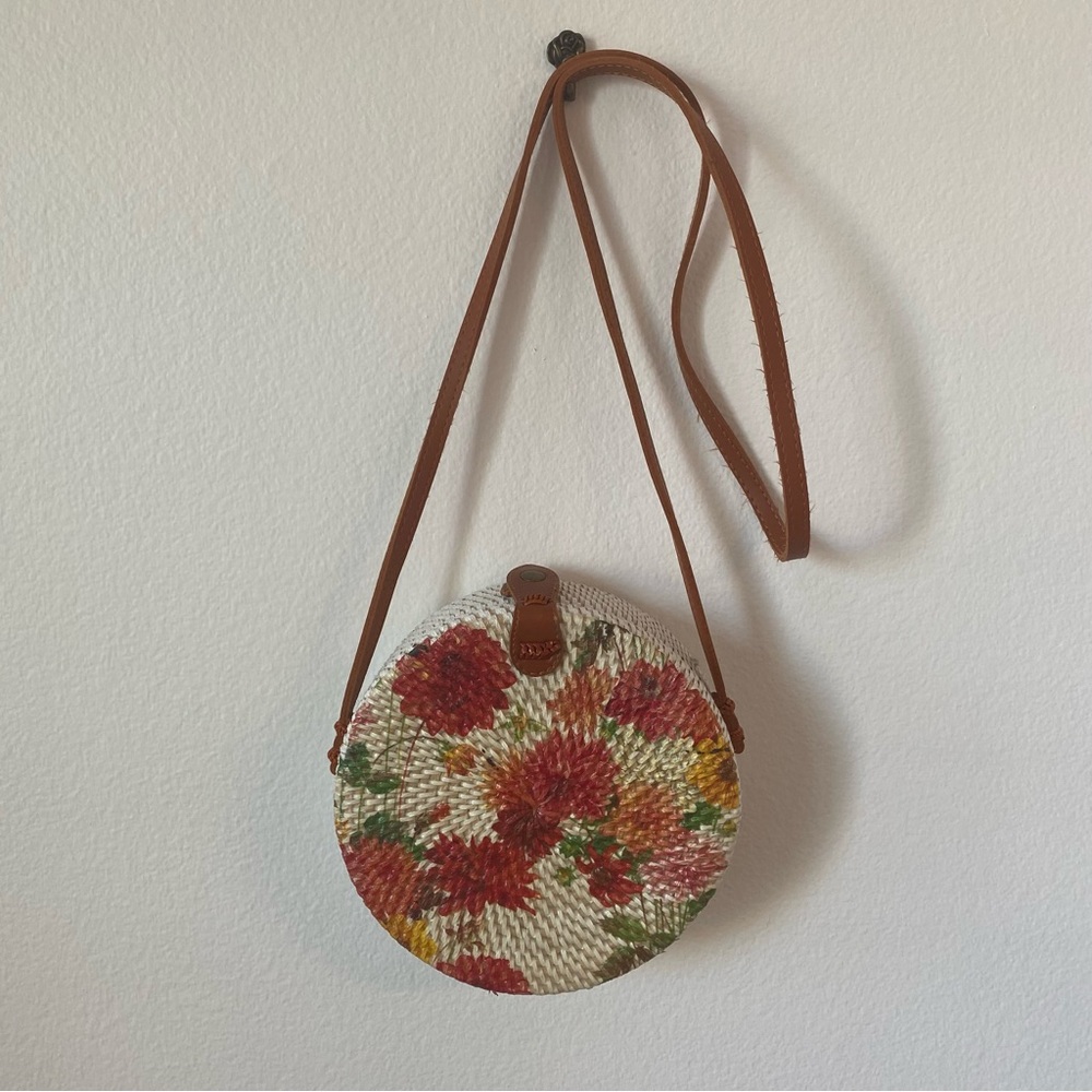 Anthropologie Rattan Floral Round Woven Bag